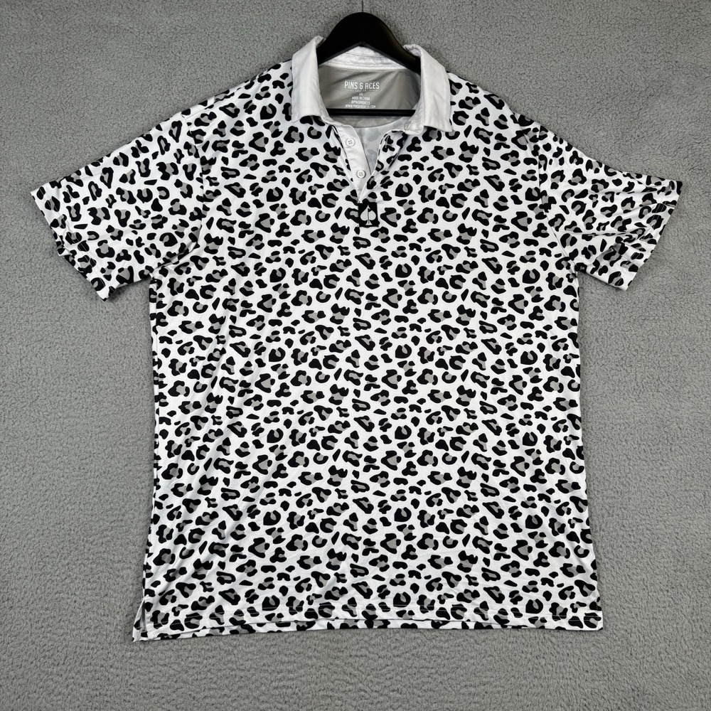 Pins And Aces Polo Mens 2XL White Leopard Print Golf Performance Stretch Shirt